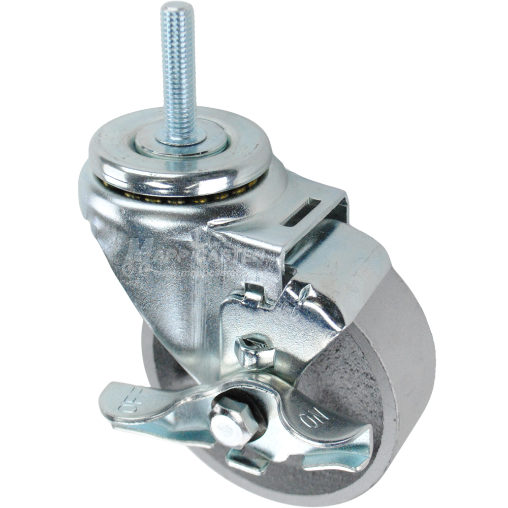 Swivel caster with a top lock brake, a 3.5 inch silver steel wheel and 3/8 inch wide threaded metal stem
