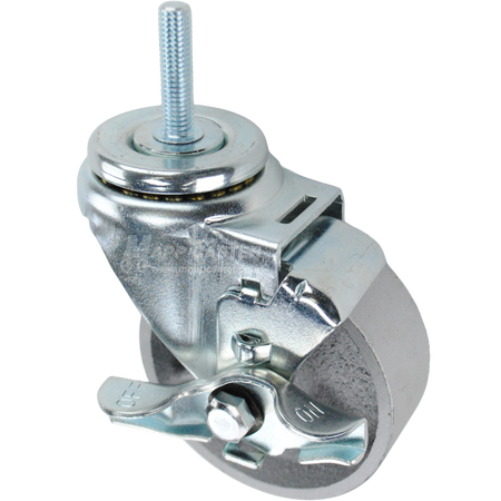 Swivel caster with a top lock brake, a 3.5 inch silver steel wheel and 3/8 inch wide threaded metal stem