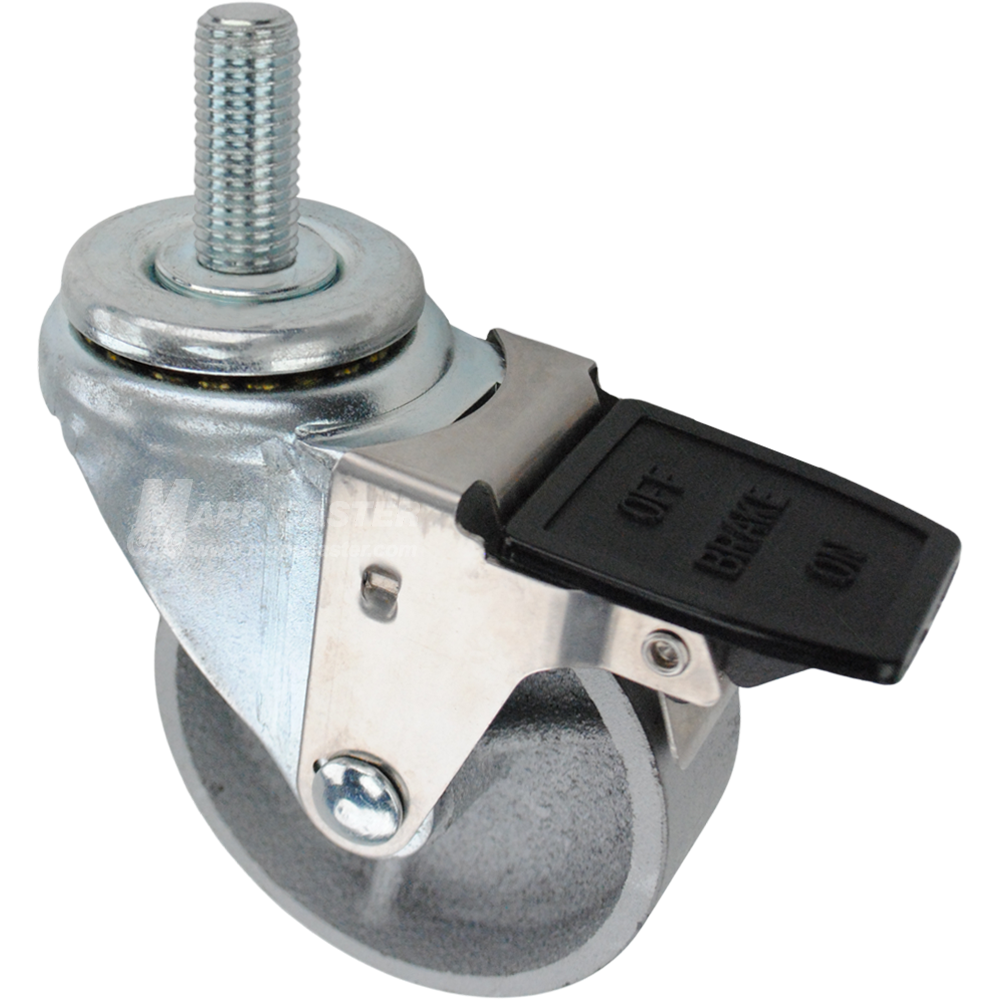 Caster wheel with a face contact brake, a 3.5 inch silver steel wheel and 16mm metal threaded stem