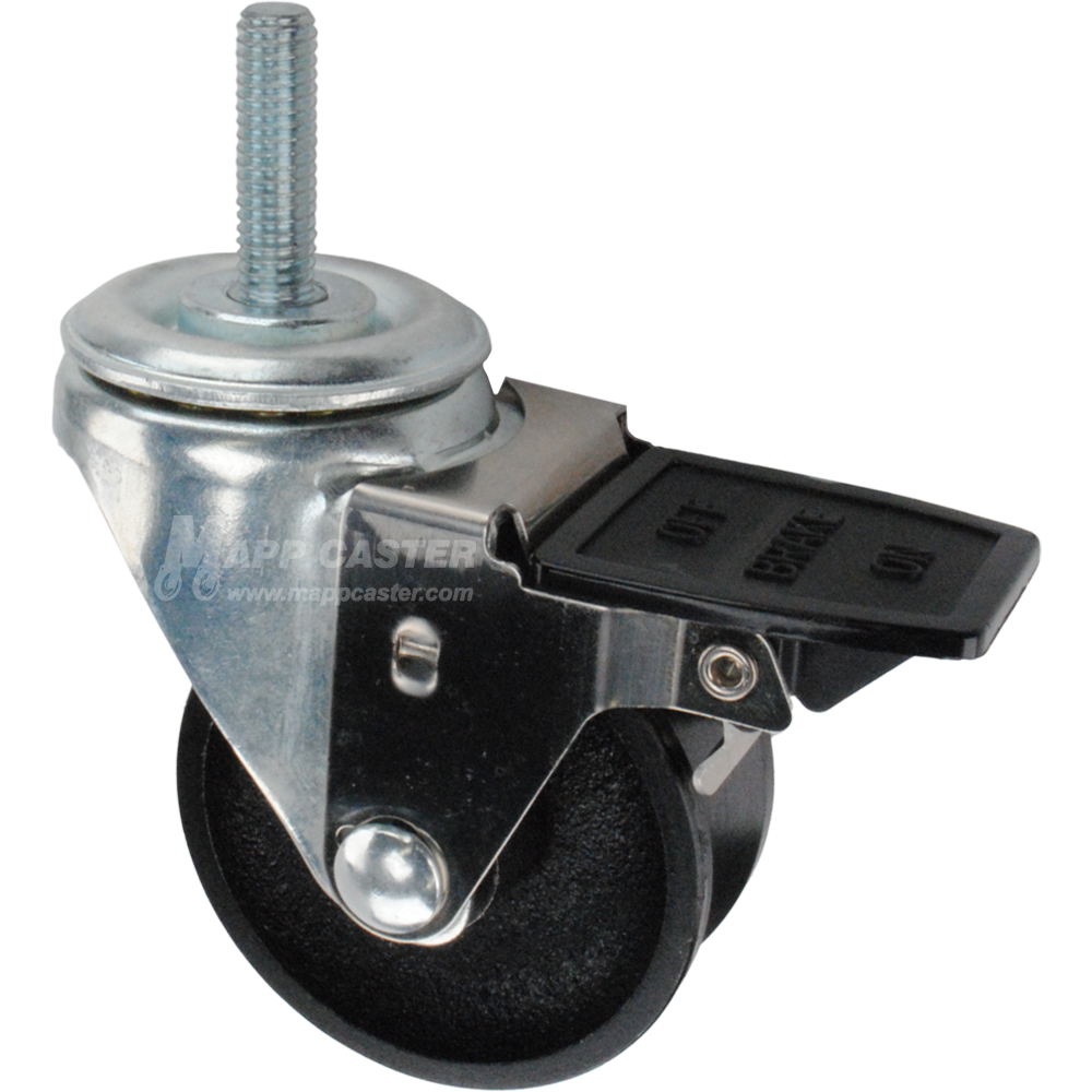 Caster wheel with face contact brake, a 3 inch black cast iron v-groove track wheel and 1-1/2 inch metal threaded stem