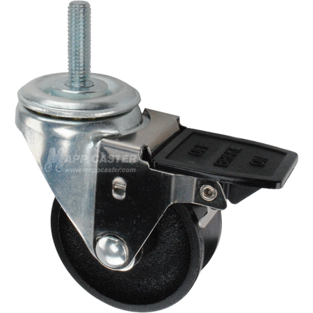 Caster wheel with face contact brake, a 3 inch black cast iron v-groove track wheel and 1-1/2 inch metal threaded stem