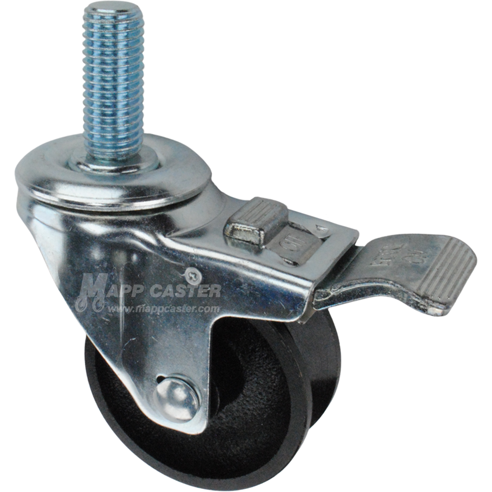 Caster wheel with a total lock brake, a 3 inch black cast iron v-groove track wheel and 1-3/4 inch metal threaded stem