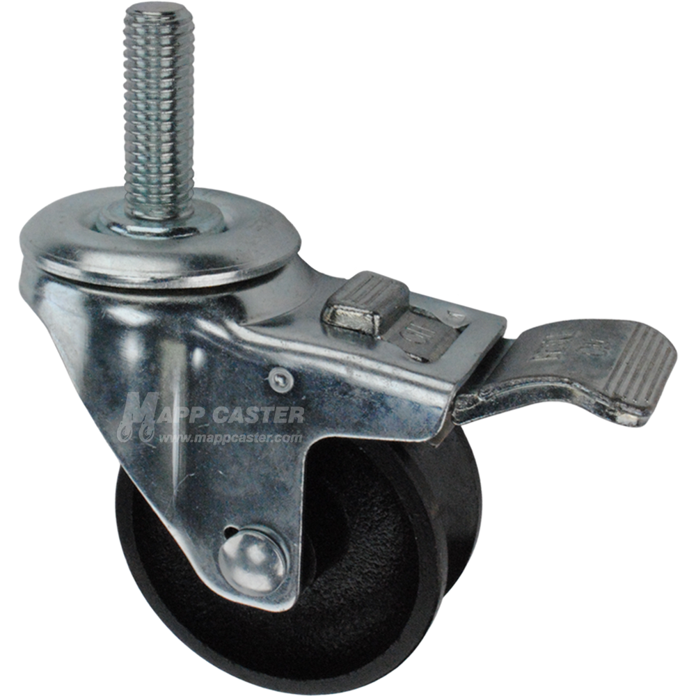 Caster wheel with a total lock brake, a 3 inch black cast iron v-groove track wheel and 1-3/4 inch metal threaded stem