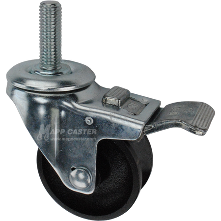 Caster wheel with a total lock brake, a 3 inch black cast iron v-groove track wheel and 1-3/4 inch metal threaded stem