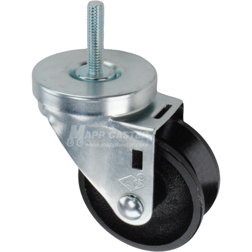Caster wheel with a black cast iron v-groove tire and metal stem thread