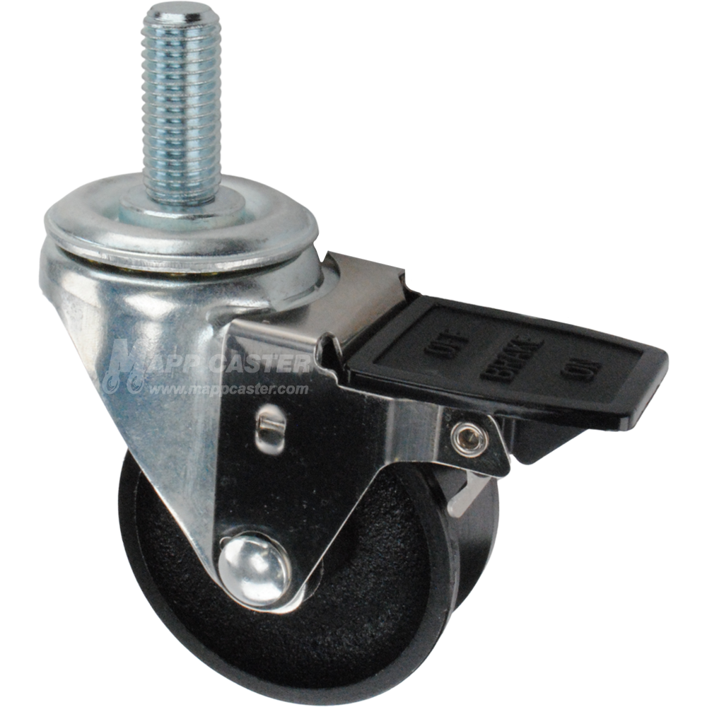 Caster wheel with face contact brake, a 3 inch black cast iron v-groove track wheel and 1-3/4 inch metal threaded stem