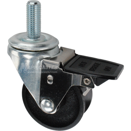 Caster wheel with face contact brake, a 3 inch black cast iron v-groove track wheel and 1-3/4 inch metal threaded stem
