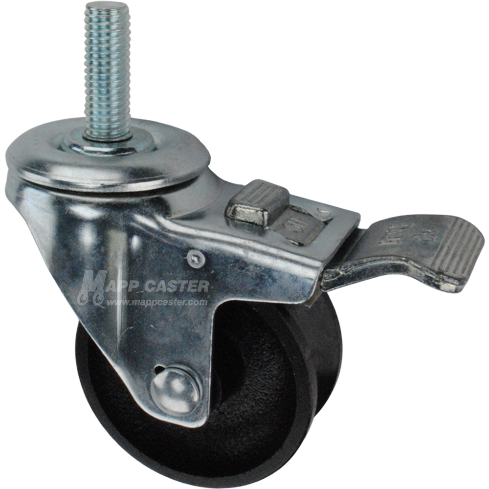 Caster wheel with a total lock brake, a 3 inch black cast iron v-groove track wheel and 1-1/2 inch metal threaded stem