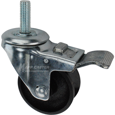 Caster wheel with a total lock brake, a 3 inch black cast iron v-groove track wheel and 1-1/2 inch metal threaded stem