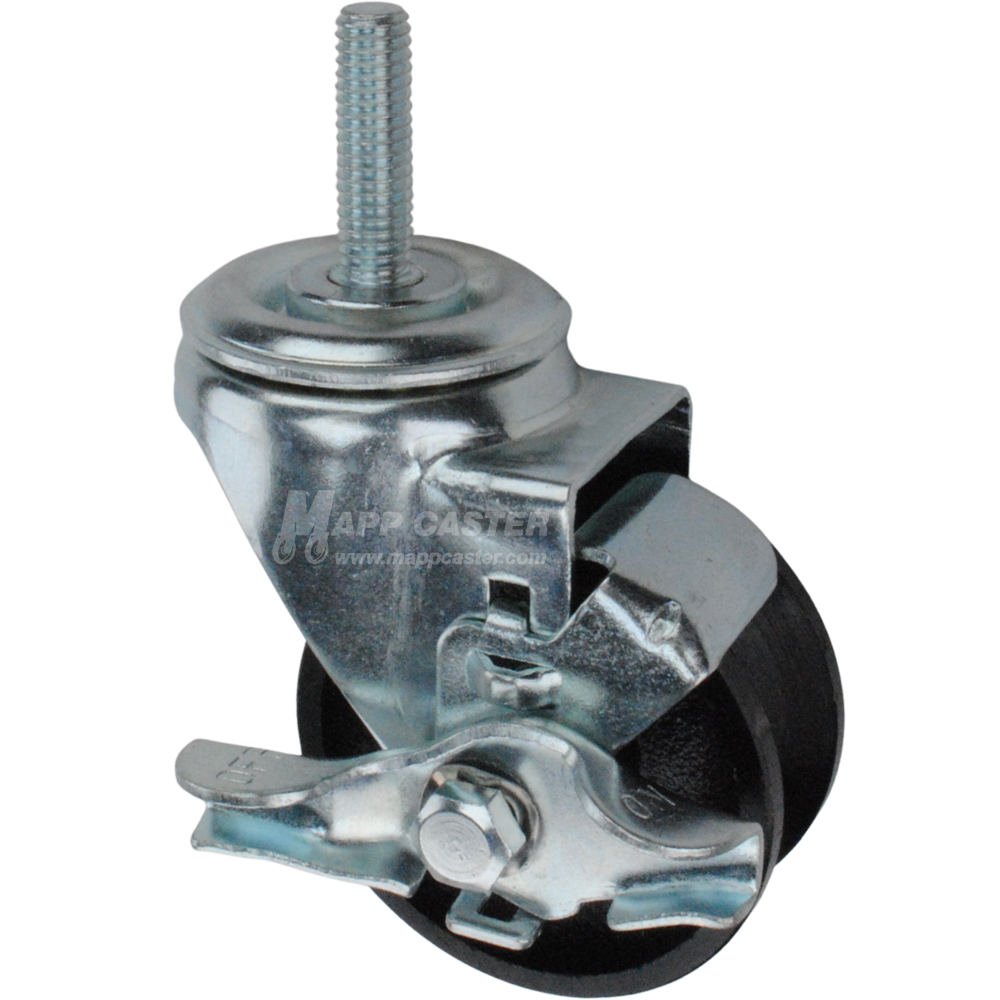 Caster wheel with brake, a black cast iron tire and metal stem thread
