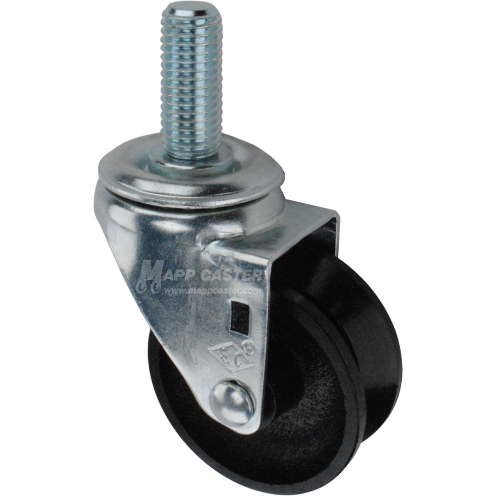 Caster wheel with a black cast iron v-groove tire and metal stem thread