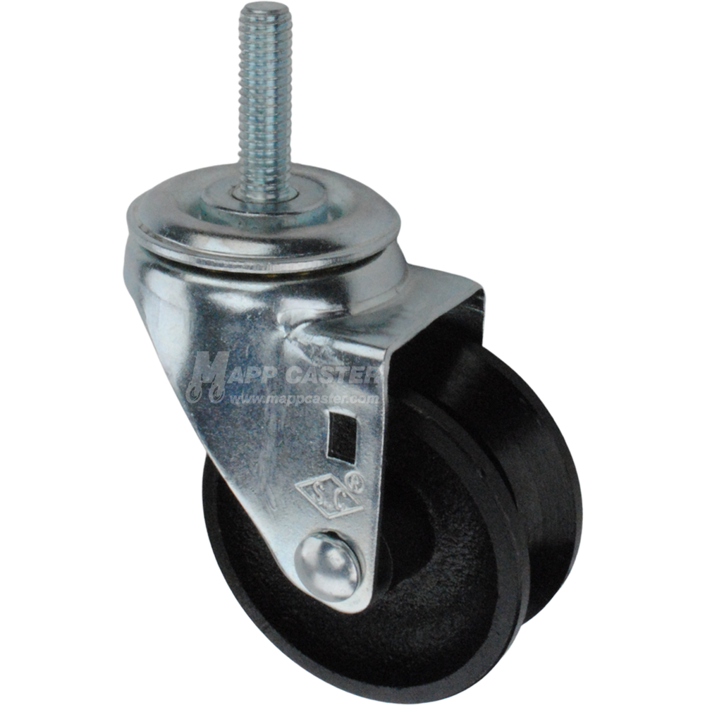 Caster wheel with a black cast iron v-groove tire and metal stem thread