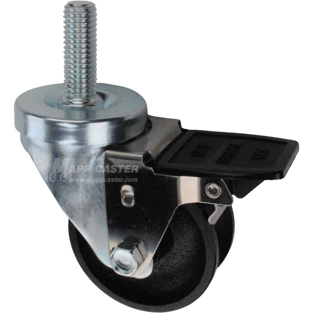 Caster wheel with face contact brake, a 3 inch black cast iron v-groove track wheel and 1-3/4 inch metal threaded stem