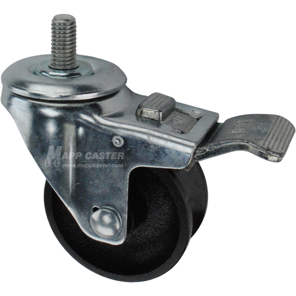 Caster wheel with a total lock brake, a 3 inch black cast iron v-groove track wheel and 1 inch metal threaded stem