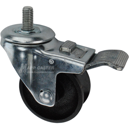 Caster wheel with a total lock brake, a 3 inch black cast iron v-groove track wheel and 1 inch metal threaded stem