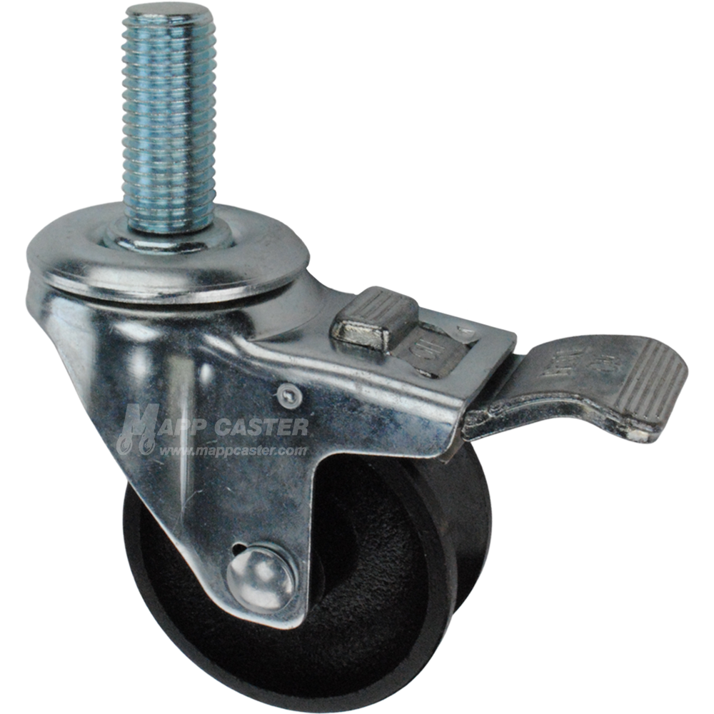 Caster wheel with a total lock brake, a 3 inch black cast iron v-groove track wheel and 1-3/4 inch long 20mm metal threaded stem