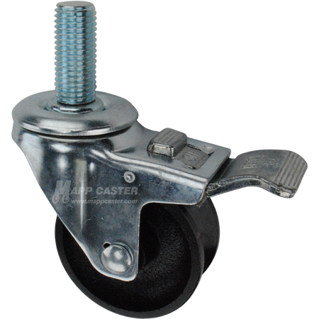 Caster wheel with a total lock brake, a 3 inch black cast iron v-groove track wheel and 1-3/4 inch long 20mm metal threaded stem