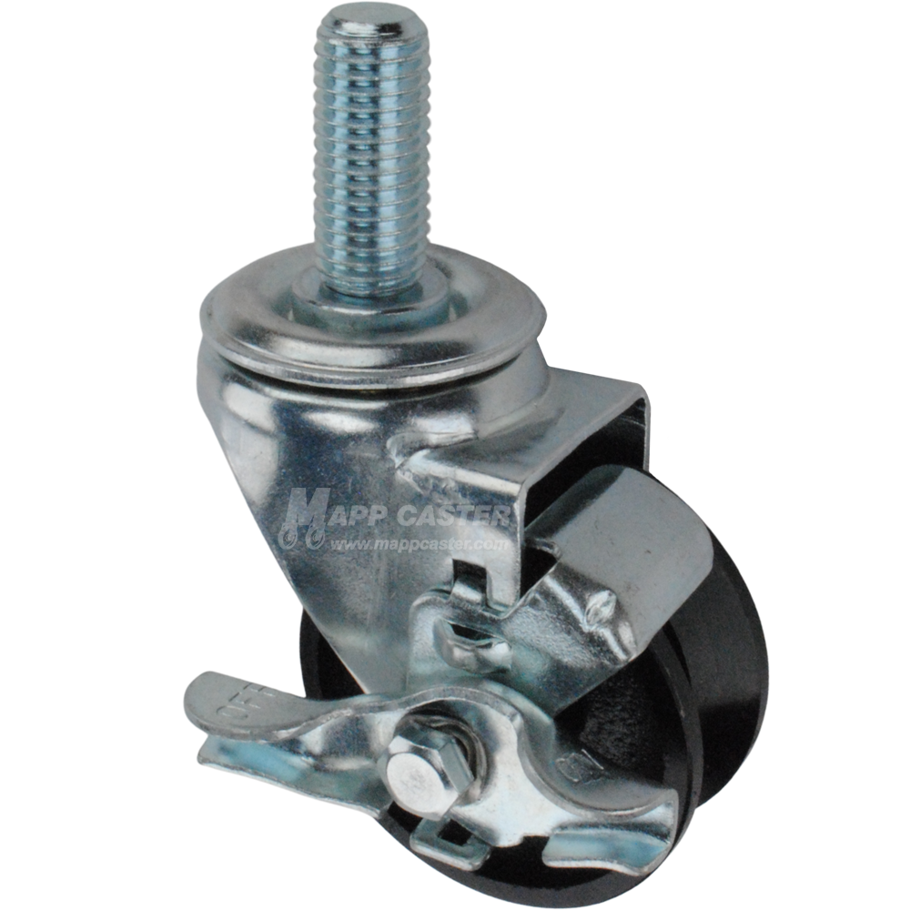 Caster wheel with brake, a black cast iron tire and metal stem thread
