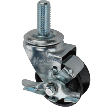 Caster wheel with brake, a black cast iron tire and metal stem thread
