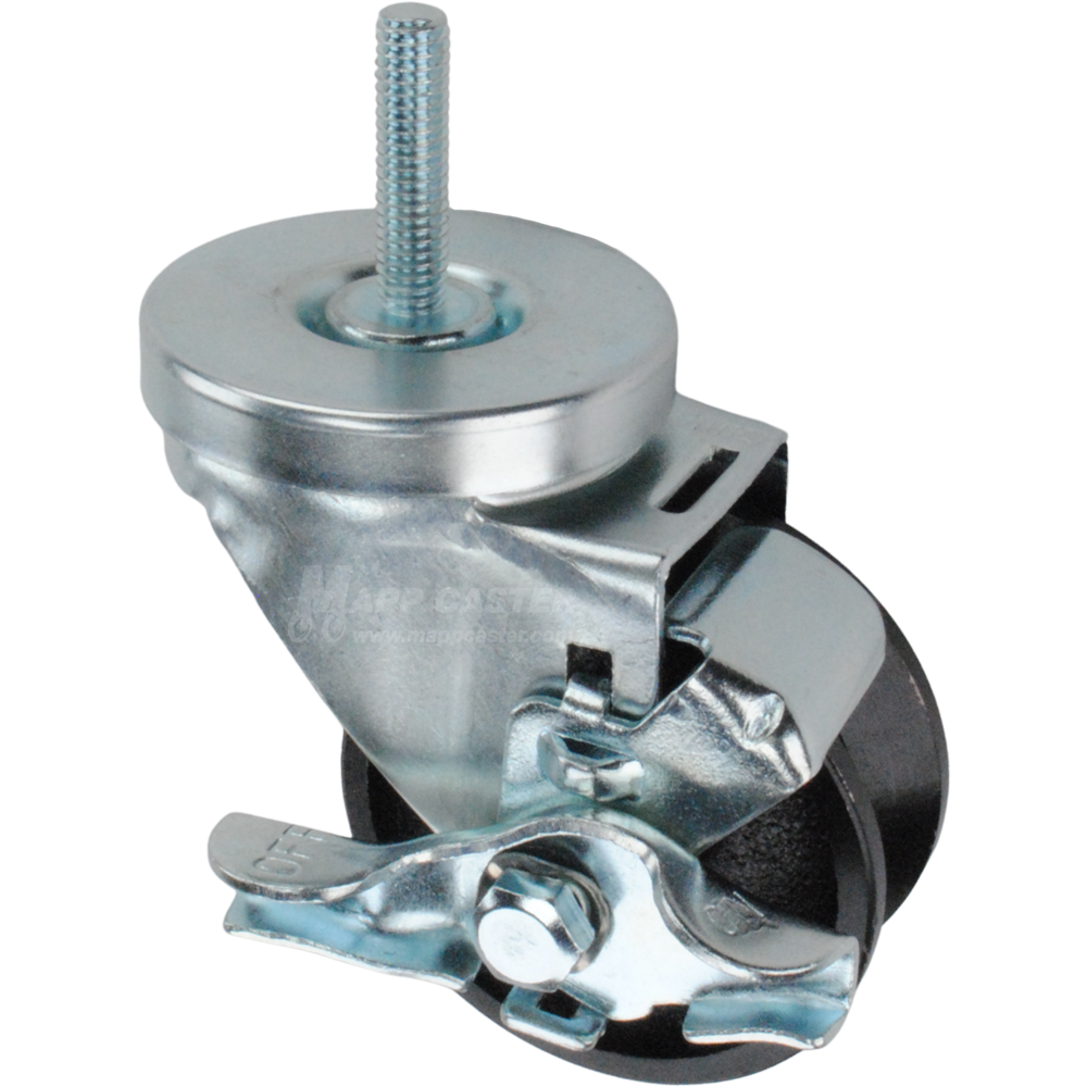 Caster wheel with brake, a black cast iron v-groove tire and metal stem thread