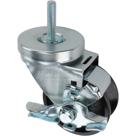 Caster wheel with brake, a black cast iron v-groove tire and metal stem thread