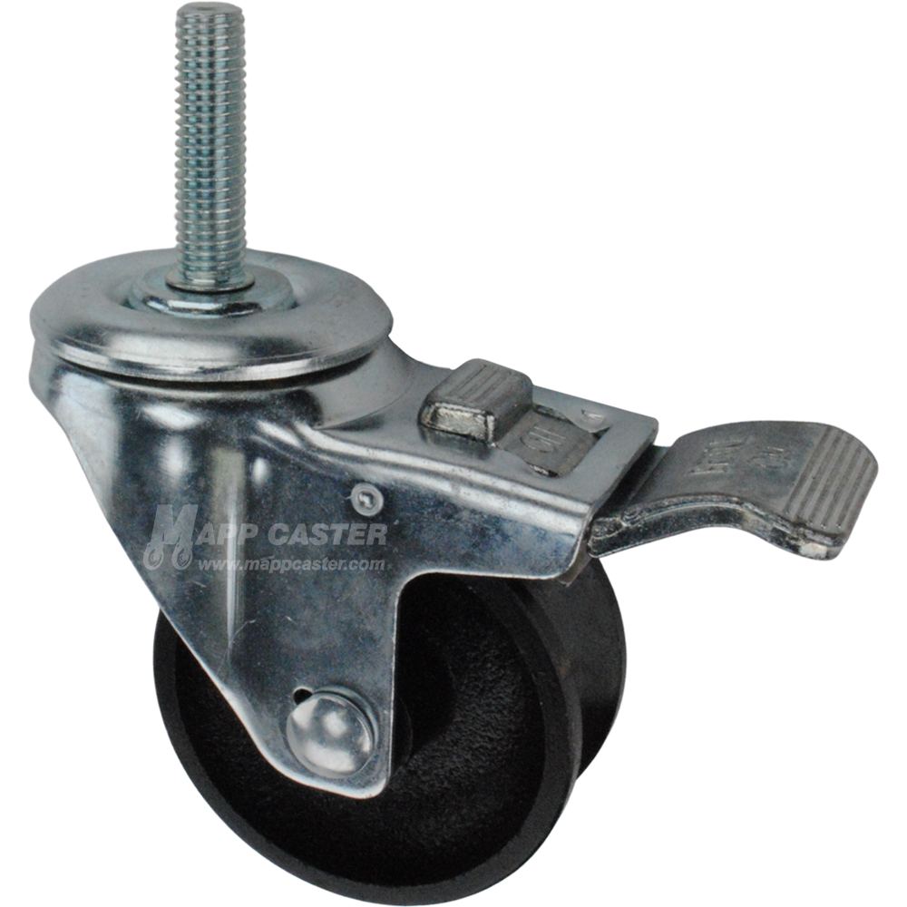 Caster wheel with a total lock brake, a 3 inch black cast iron v-groove track wheel and 1-3/4 inch long 12mm metal threaded stem