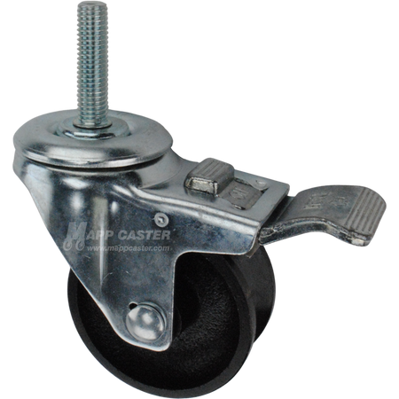 Caster wheel with a total lock brake, a 3 inch black cast iron v-groove track wheel and 1-3/4 inch long 12mm metal threaded stem