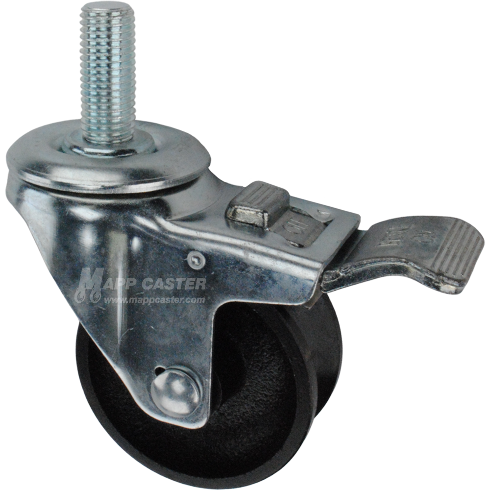 Caster wheel with a total lock brake, a 3 inch black cast iron v-groove track wheel and 1-1/2 inch long 16mm metal threaded stem