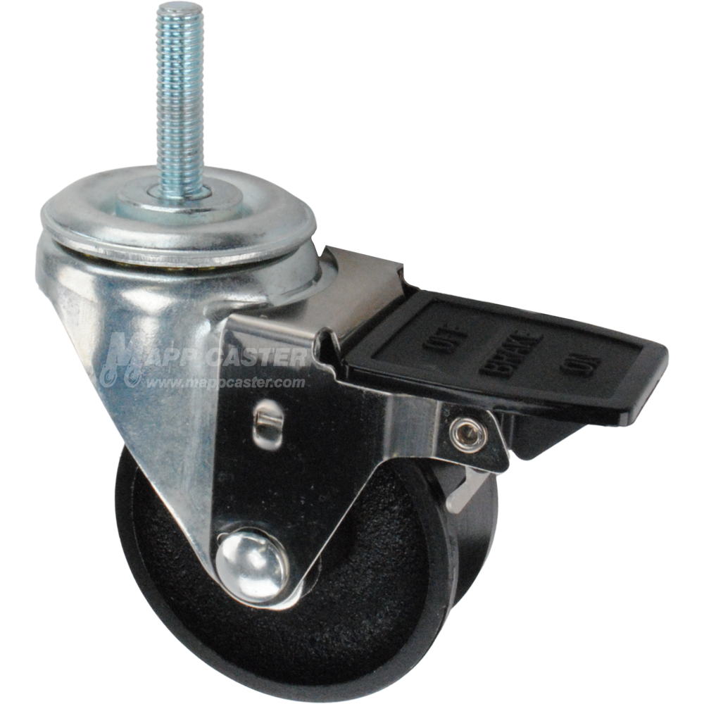 Caster wheel with face contact brake, a 3 inch black cast iron v-groove track wheel and 10mm threaded metal stem
