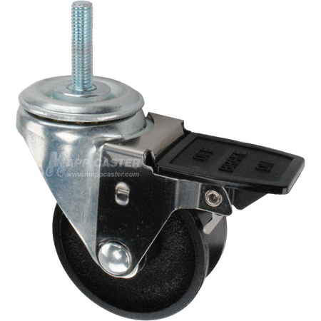 Caster wheel with face contact brake, a 3 inch black cast iron v-groove track wheel and 10mm threaded metal stem