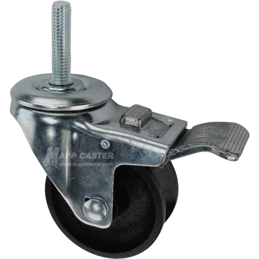 Caster wheel with a total lock brake, a 3 inch black cast iron v-groove track wheel and 1-1/2 inch metal threaded stem