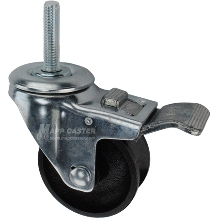 Caster wheel with a total lock brake, a 3 inch black cast iron v-groove track wheel and 1-1/2 inch metal threaded stem