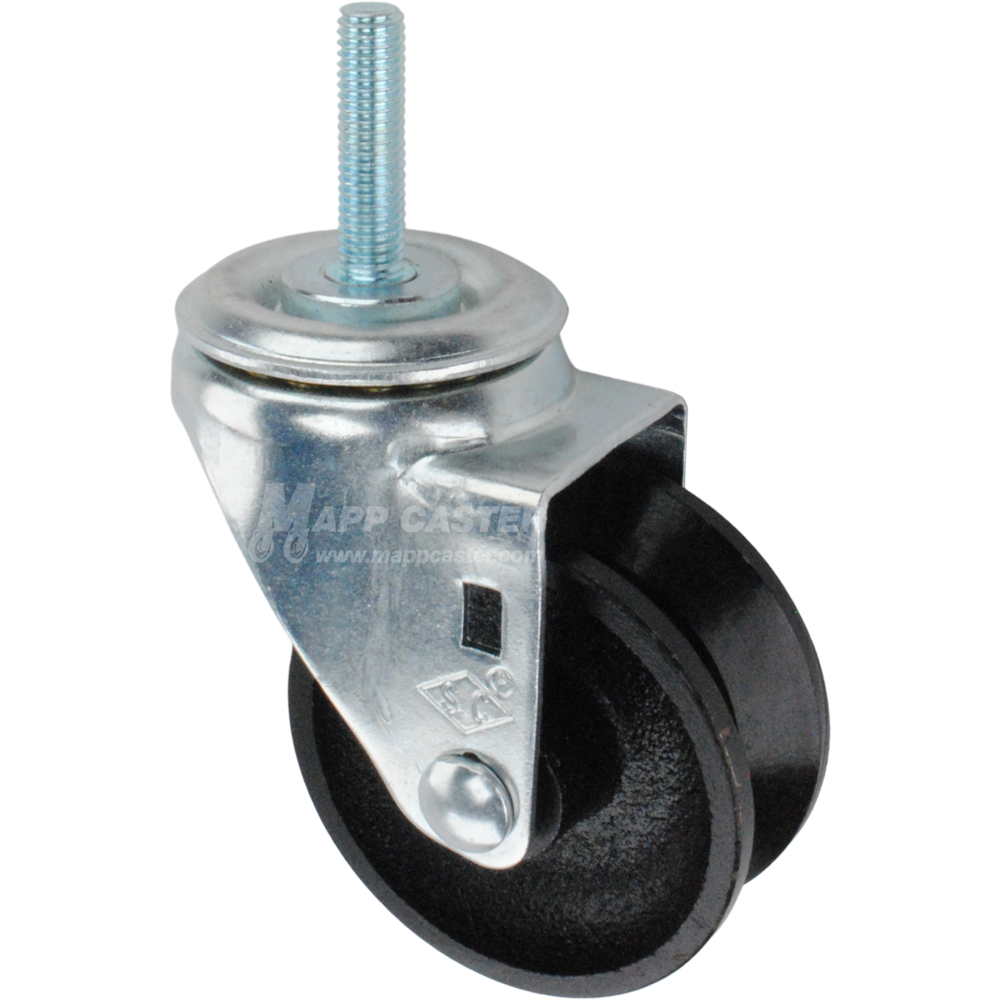 Caster wheel with a black cast iron v-groove tire and metric metal stem thread