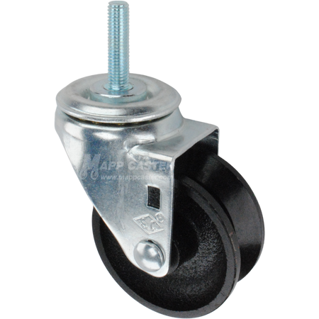 Caster wheel with a black cast iron v-groove tire and metric metal stem thread