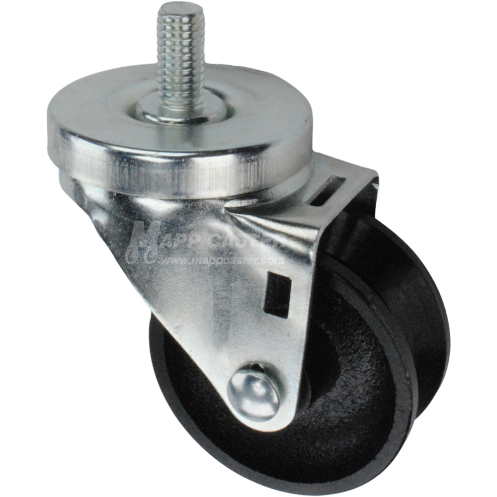 Caster wheel with a black cast iron v-groove tire and metal stem thread