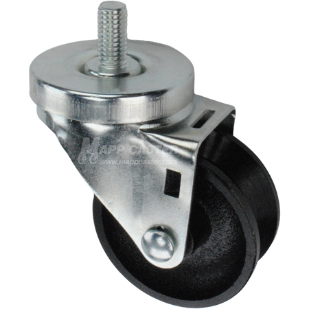 Caster wheel with a black cast iron v-groove tire and metal stem thread