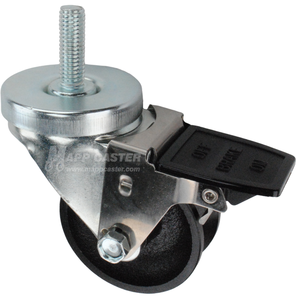 Caster wheel with face contact brake, a 3 inch black cast iron v-groove track wheel and 1-1/2 inch metal threaded stem