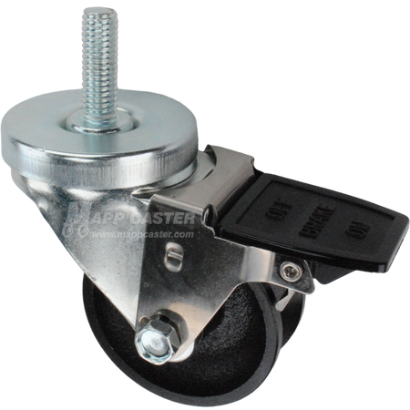 Caster wheel with face contact brake, a 3 inch black cast iron v-groove track wheel and 1-1/2 inch metal threaded stem