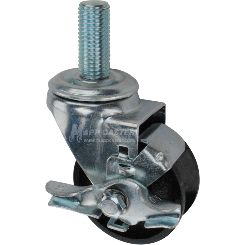 Caster wheel with brake, a black cast iron tire and metric metal stem thread