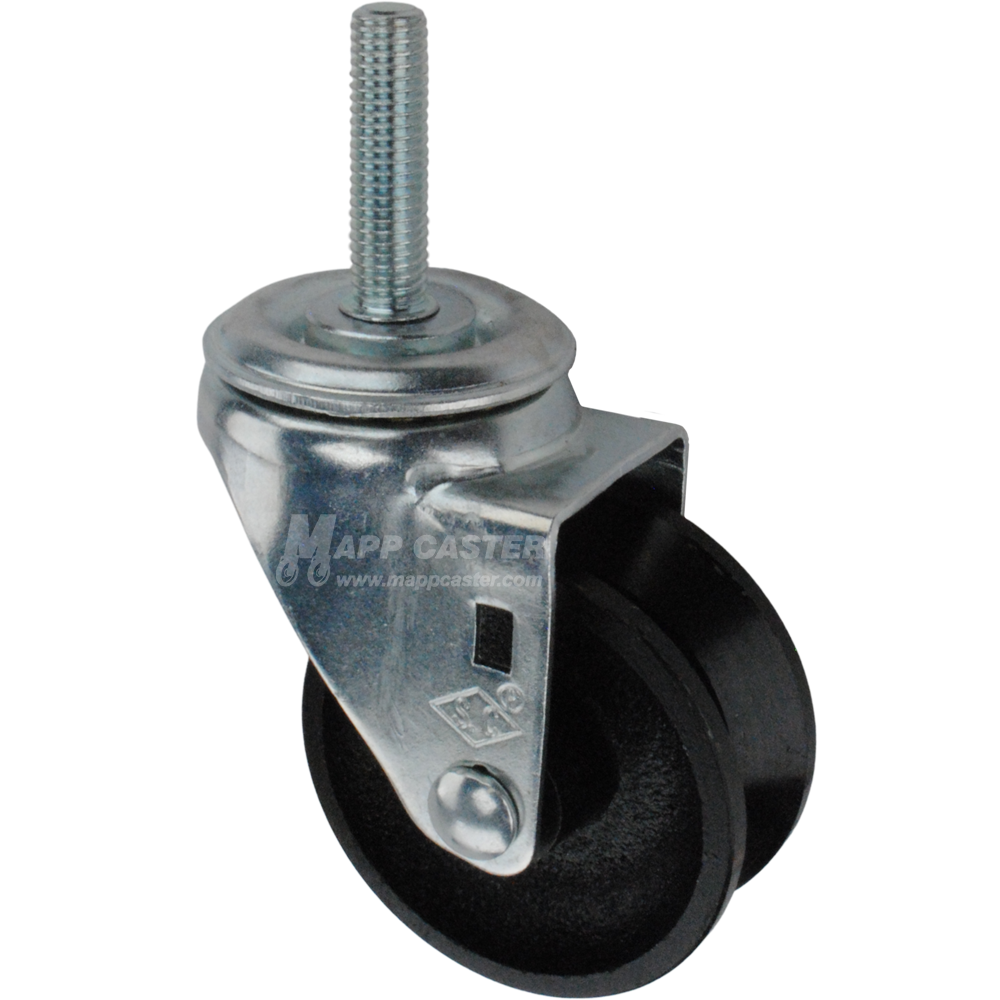 Caster wheel with a black cast iron v-groove tire and metric metal stem thread