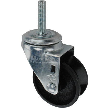 Caster wheel with a black cast iron v-groove tire and metric metal stem thread