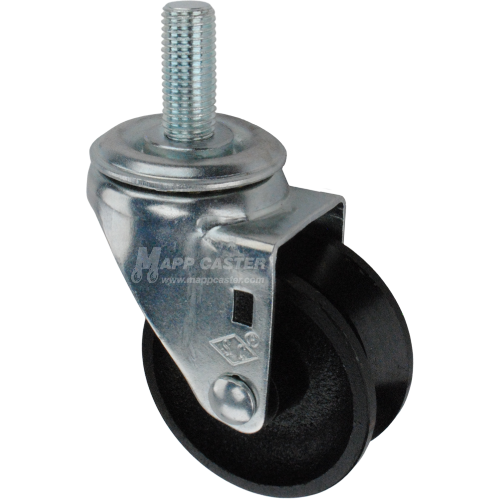 Caster wheel with a black cast iron v-groove tire and metric metal stem thread