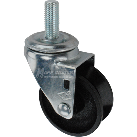 Caster wheel with a black cast iron v-groove tire and metric metal stem thread