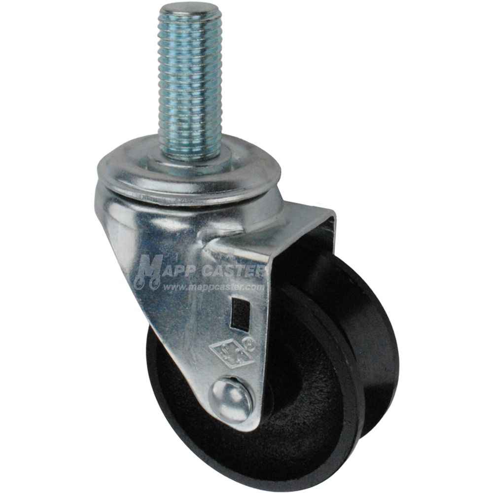 Caster wheel with a black cast iron v-groove tire and metric metal stem thread