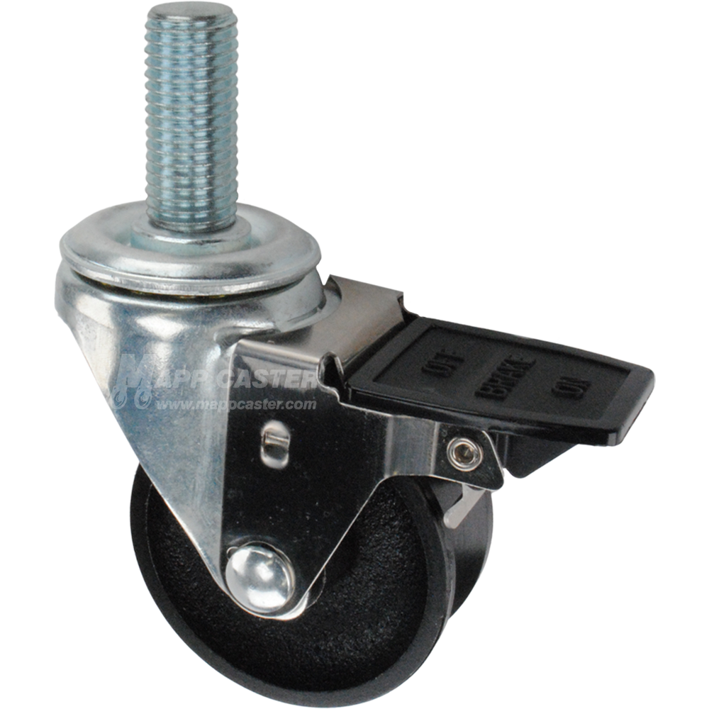 Caster wheel with face contact brake, a 3 inch black cast iron v-groove track wheel and 20mm threaded metal stem