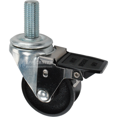 Caster wheel with face contact brake, a 3 inch black cast iron v-groove track wheel and 20mm threaded metal stem