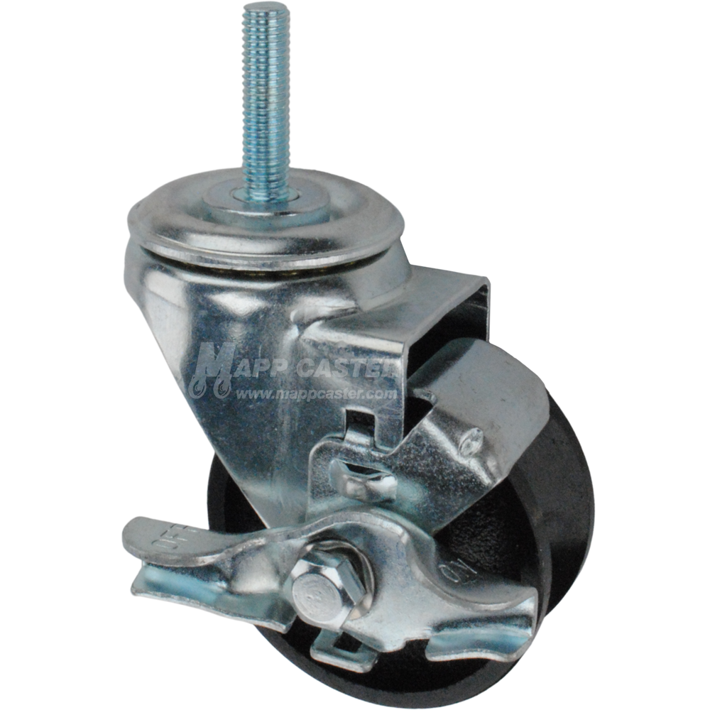 Caster wheel with brake, a black cast iron tire and metric metal stem thread
