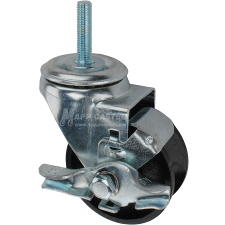 Caster wheel with brake, a black cast iron tire and metric metal stem thread