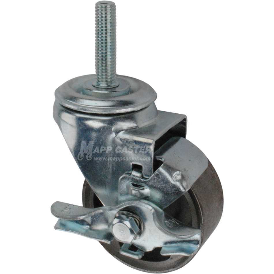 Metal caster wheel with brake and metric threaded stem