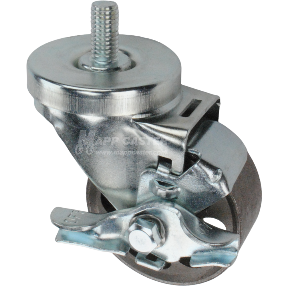 Caster wheel with brake, a black rubber tire and metal stem thread